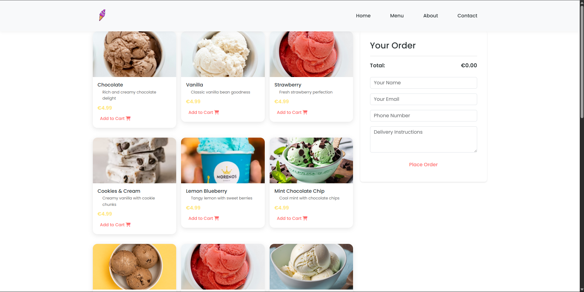Ice Cream Shop Order Page